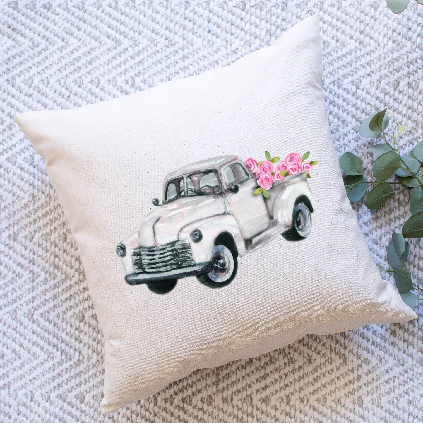 White Truck & Pink Flowers Pillow Cover