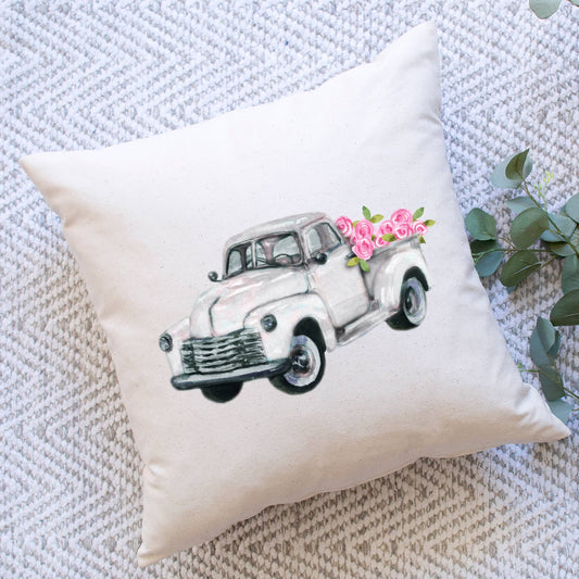 White Truck & Pink Flowers Pillow Cover